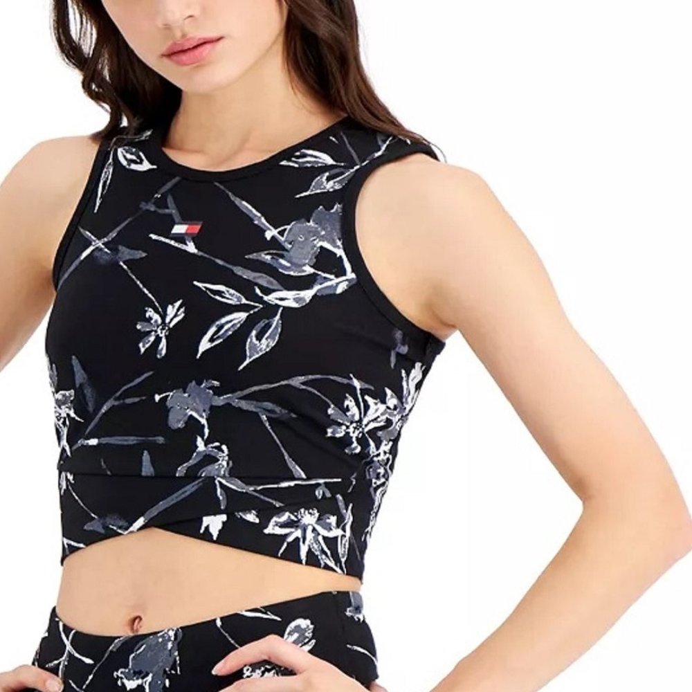 new BLACK Tommy Hilfiger Sport Crop Wrap Waist Top Floral - WOMEN'S Size Medium
